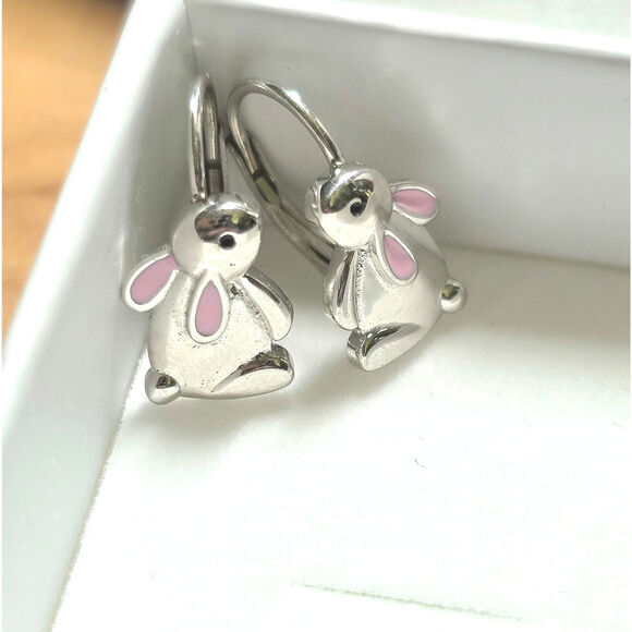 Sterling Silver 925 Easter Bunny Leverback Earrings Pink Enamel Ears Rabbit - Picture 3 of 11